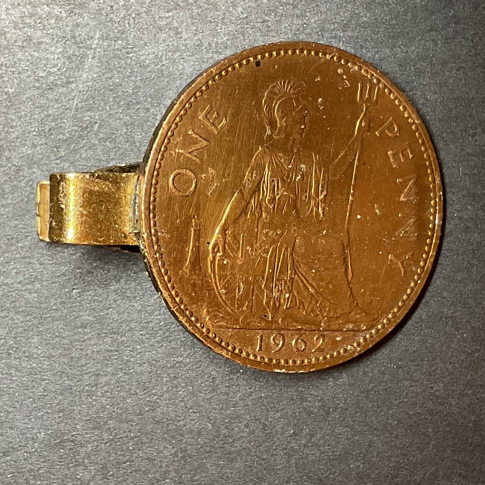 Vintage 1962 British One Penny Coin Tie Bar Clip Custom Made Men Jewelry Gold